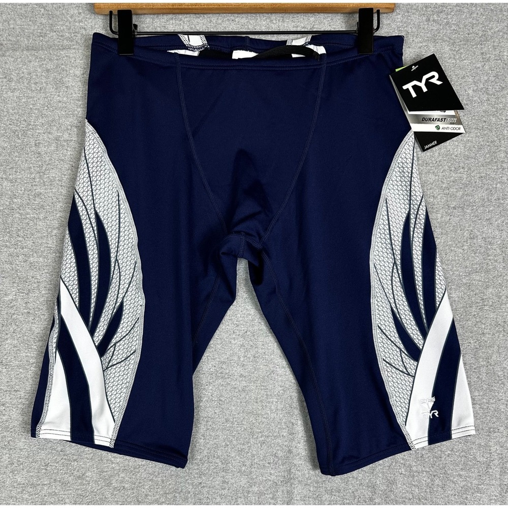 TYR Phoenix Splice Jammer Swim Shorts Tight 36 Navy White New Durafast Elite